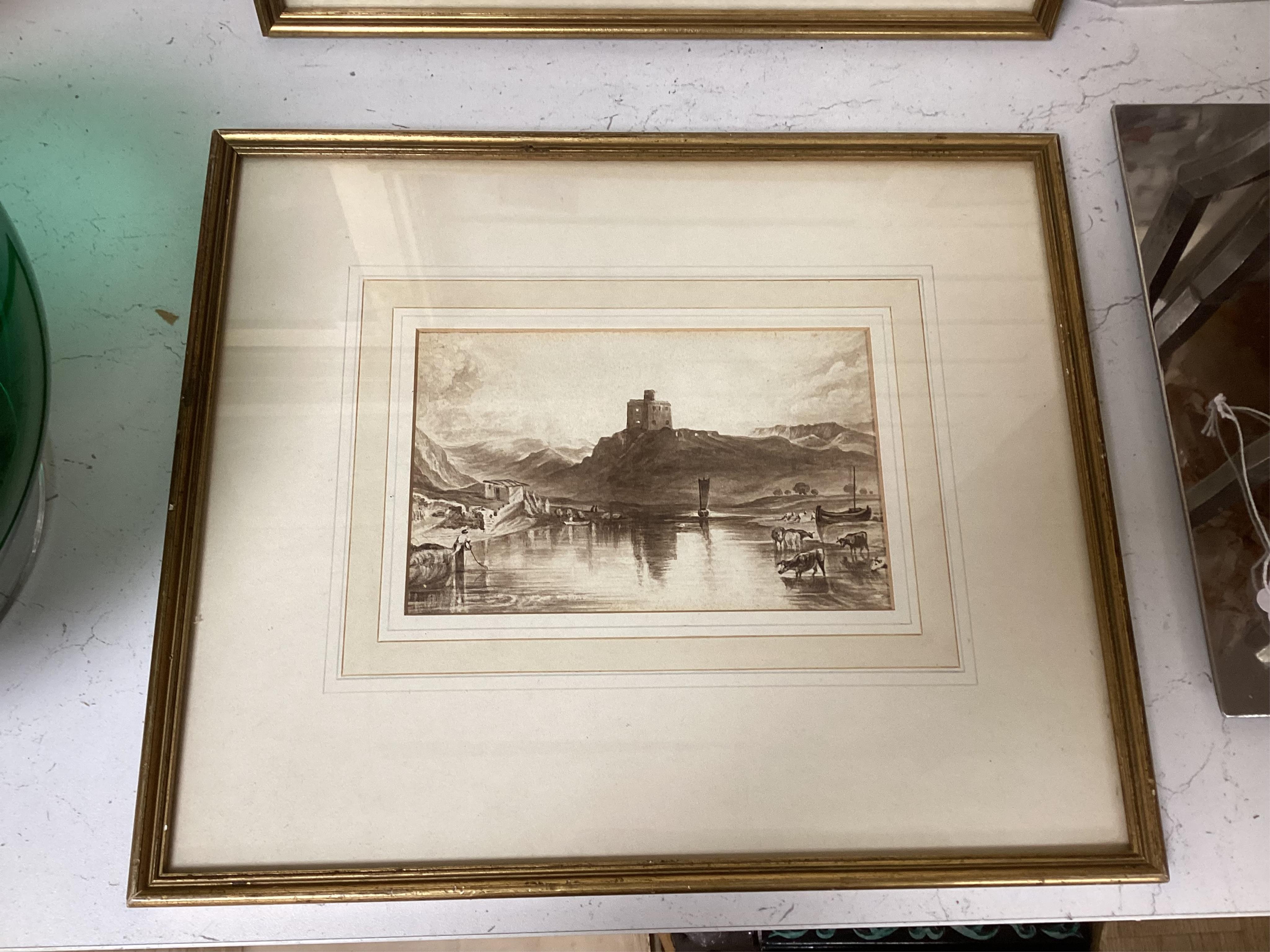 Three 19th century monochrome watercolours to include one attributed to John Varley (1778-1842), landscapes, largest 11 x 17cm